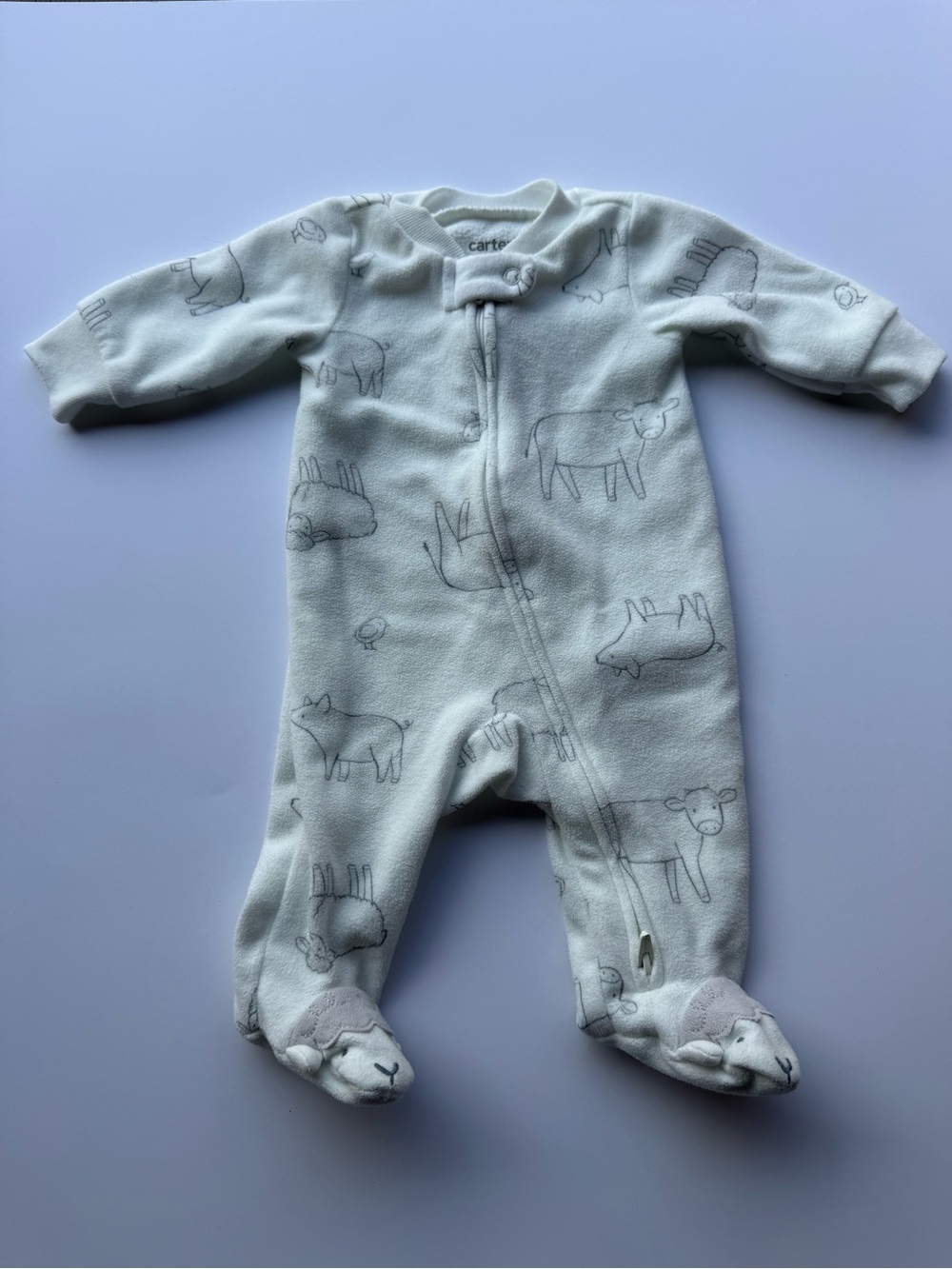 Carter's Pale Gray Farm Animal Fleece Footed One-Piece